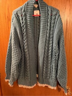 Pol distressed Light Blue Chunky Open-Front Cable Knit Sweater